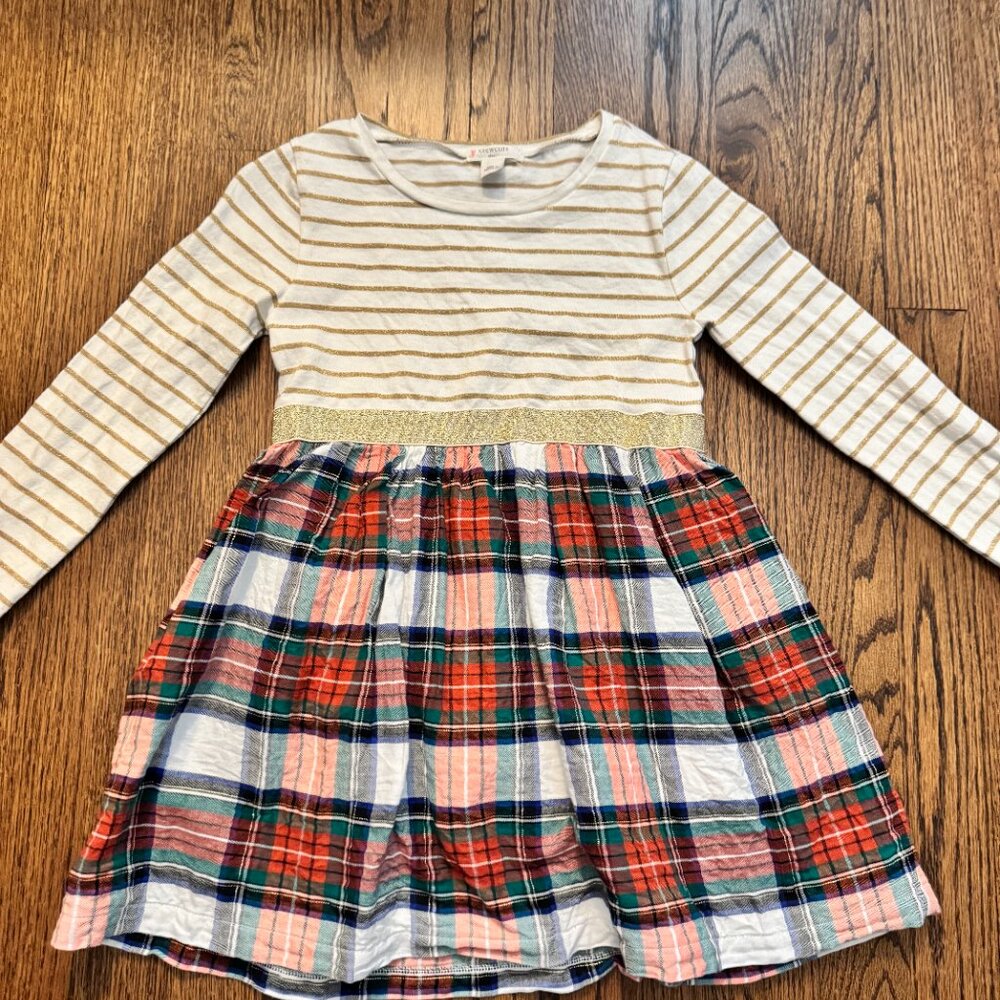 J.Crew Crewcuts Girls’ Long-Sleeve Holiday Dress – 4 -Gold Stripe & Tartan Plaid